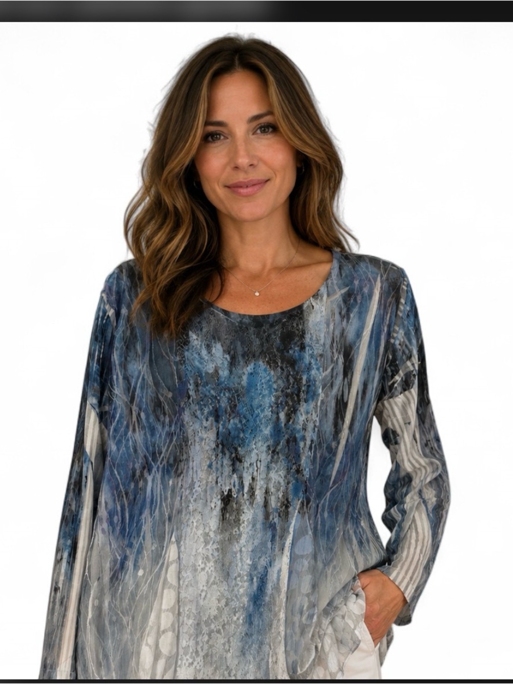 Women's Blue Multi-Print Long Sleeve Scoop Neck Top